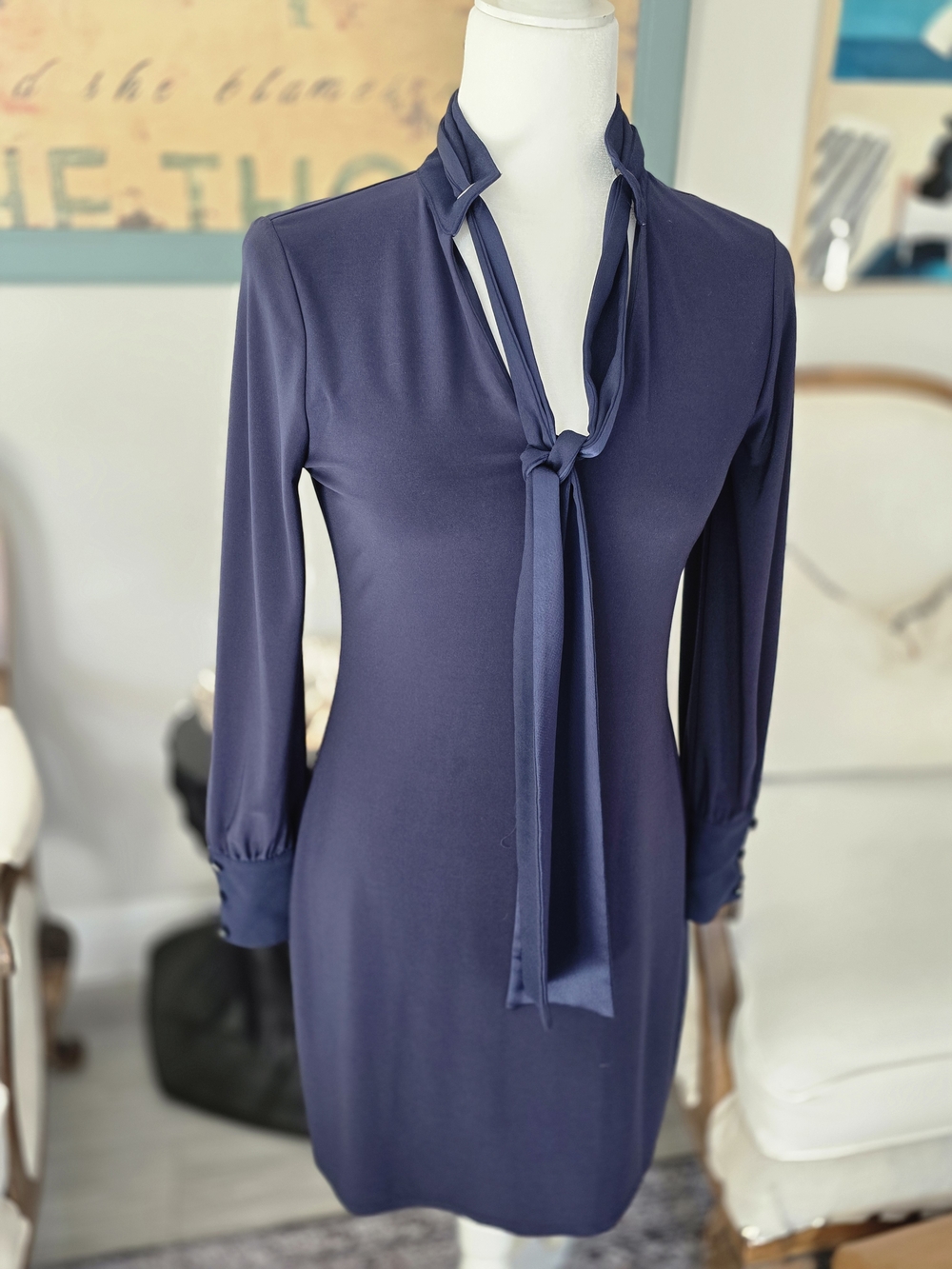 White House Black Market Navy Long Sleeve Tie-Neck Dress